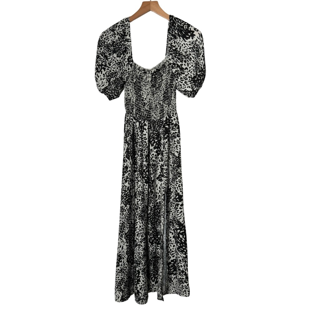 Resa Kaia Animal Print‎ Midi Dress Smocked Puff Sleeve Side Slit Womens XS NEW